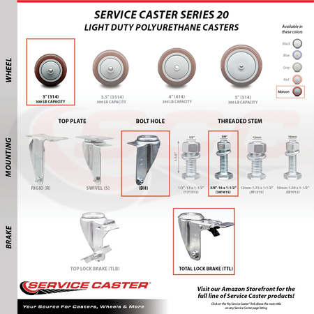 Service Caster 3 Inch Maroon Polyurethane Swivel 3/8 Inch Stem Caster Total Lock Brake, 2PK SCC-TSTTL20S314-PPUB-MRN-381615-2-S2